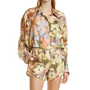 Nanushka Watercolor Print Silk Cropped Shirt Multicolor XS Quiet Luxary